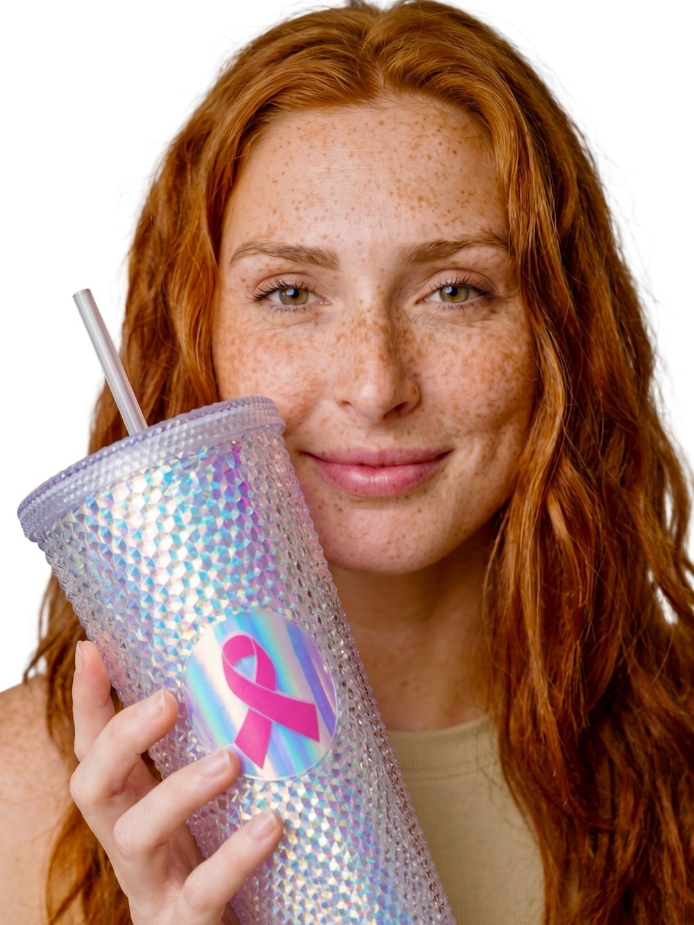 Iridescent Studded Tumbler with Pink Breast Cancer Ribbon